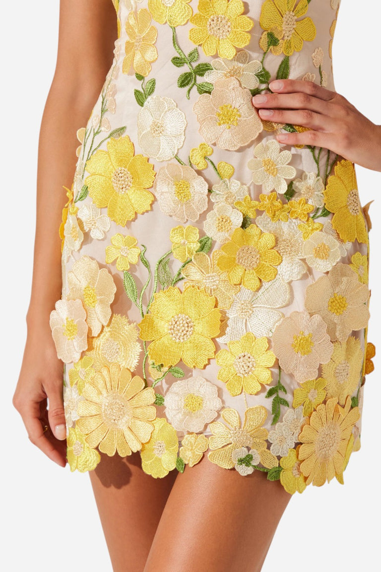 aisha mini dress ASTR the Label | Aisha Floral Appliqué Mini Dress in Yellow Floral
