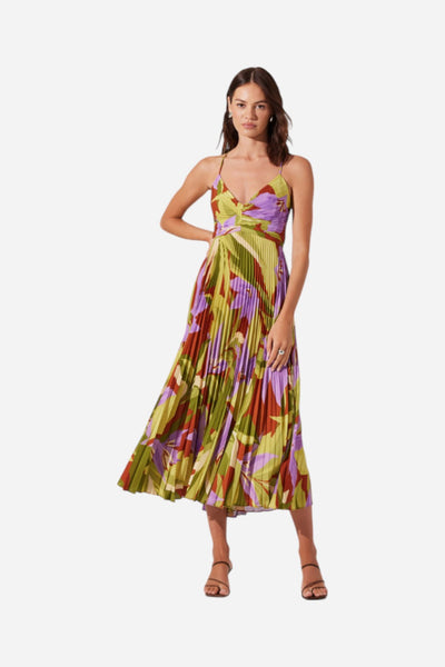 ASTR Blythe Floral Plisse Midi Dress in Green Rust Floral – CHROME