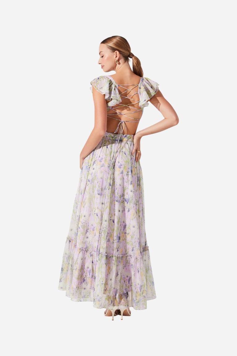 maxi dress strappy back ASTR the Label | Primrose Floral Strappy Back Maxi Dress in Lavender Multi Flr