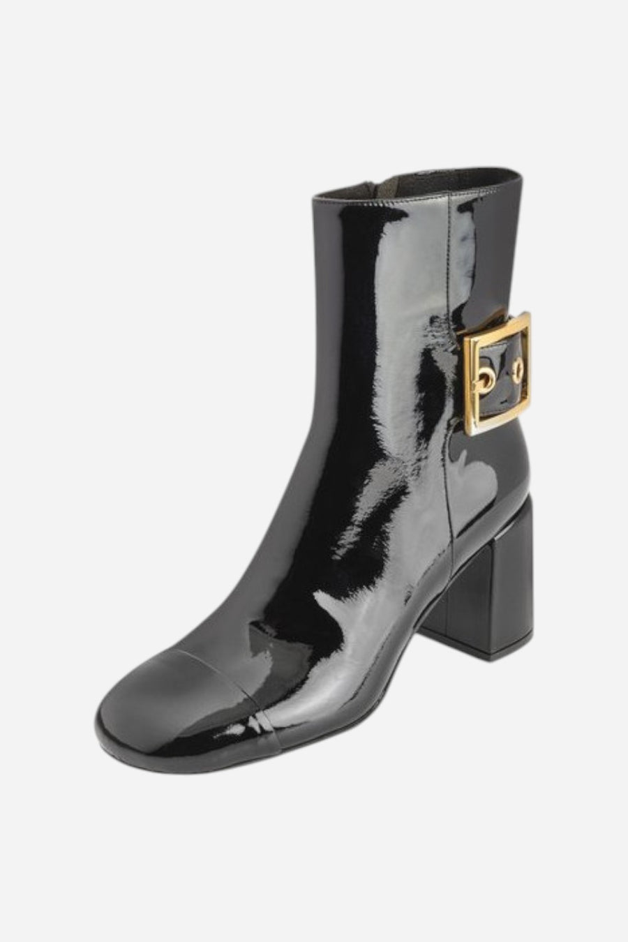 Jeffrey Campbell Academy Buckle Ankle Boot in Black Patent Gold