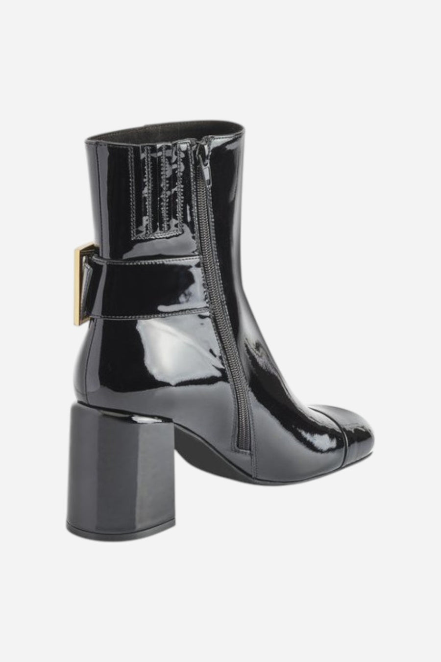 Jeffrey Campbell Academy Buckle Ankle Boot in Black Patent Gold