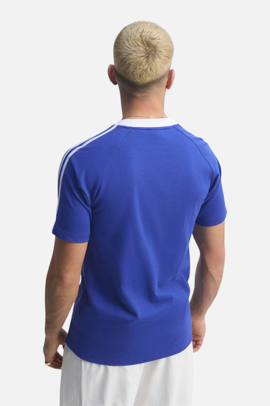 Adidas Argentina Originals Tee in Lucid Blue worn by model — back with shoulder 3-stripes