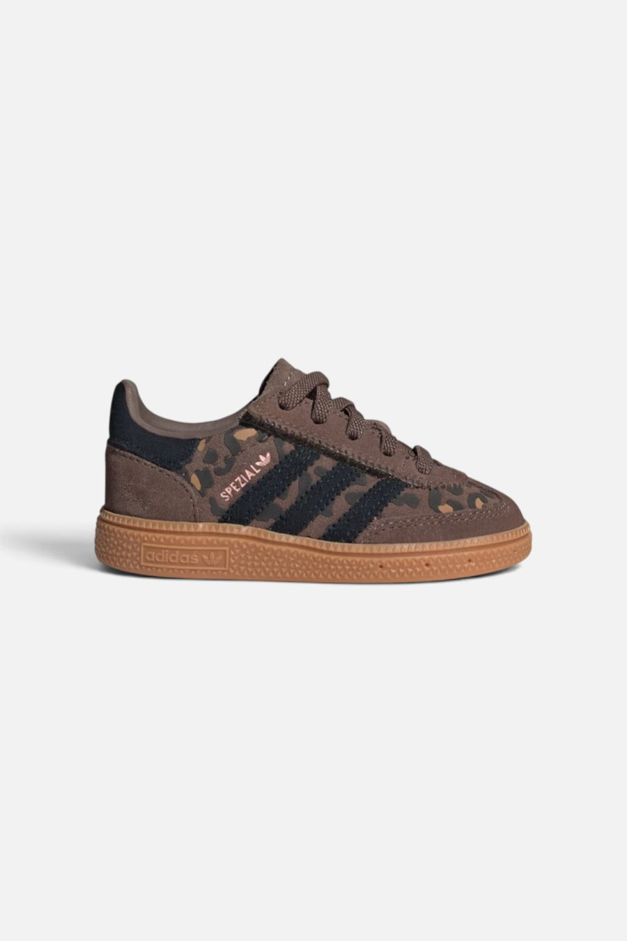 Adidas Kids Handball Spezial Comfort Closure Elastic Lace Shoes in Earth Strata, Core Black, and Glow Pink