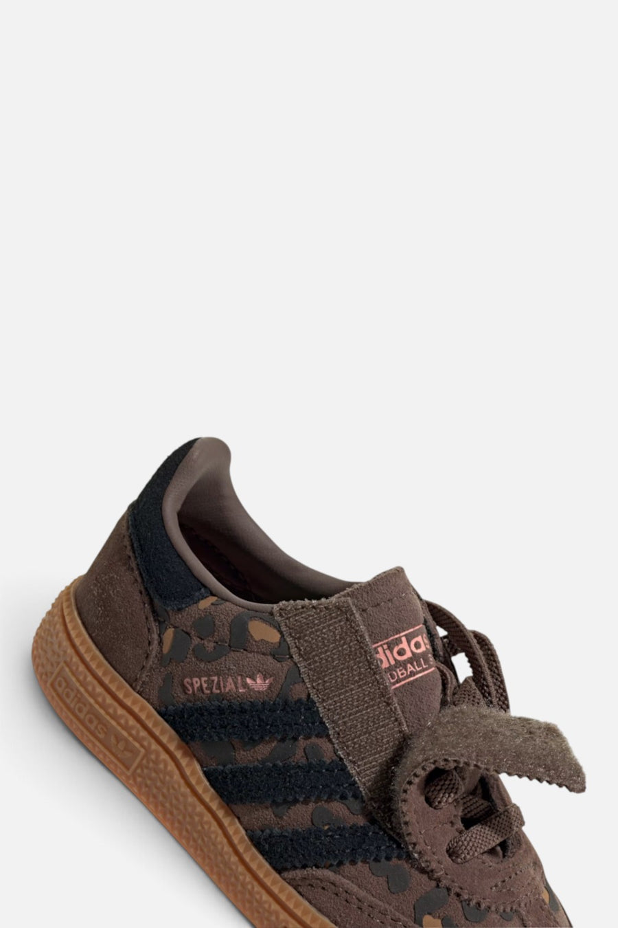 Adidas Kids Handball Spezial Comfort Closure Elastic Lace Shoes in Earth Strata, Core Black, and Glow Pink