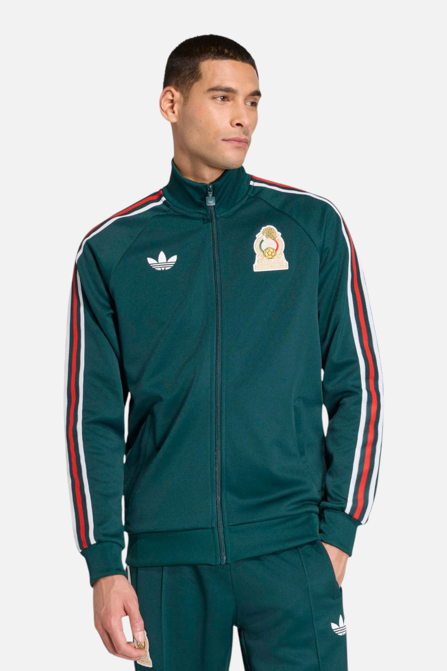 Adidas Men's Originals Mexico Track Jacket in Green worn by model — front, Mexico, FIFA World Cup 26 collection at CHROME