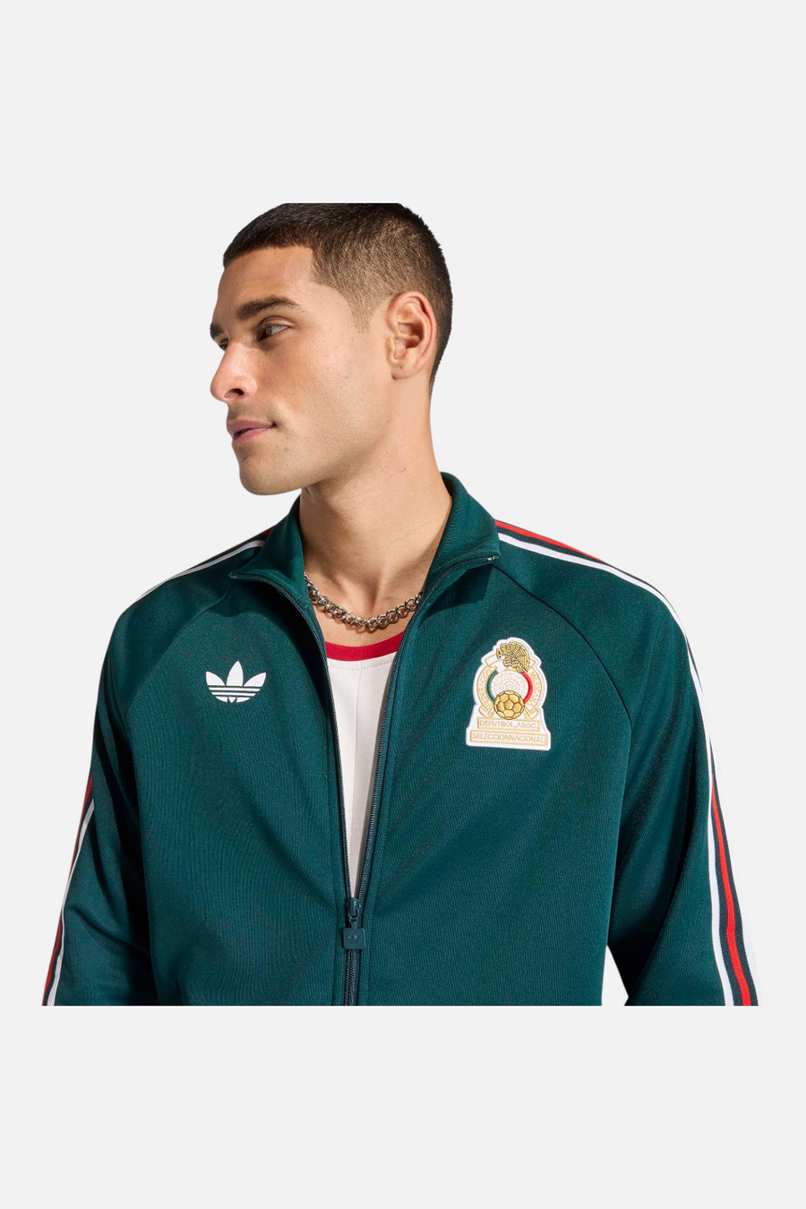 Front zip and FMF crest detail on Adidas Men's Originals Mexico Track Jacket in Green