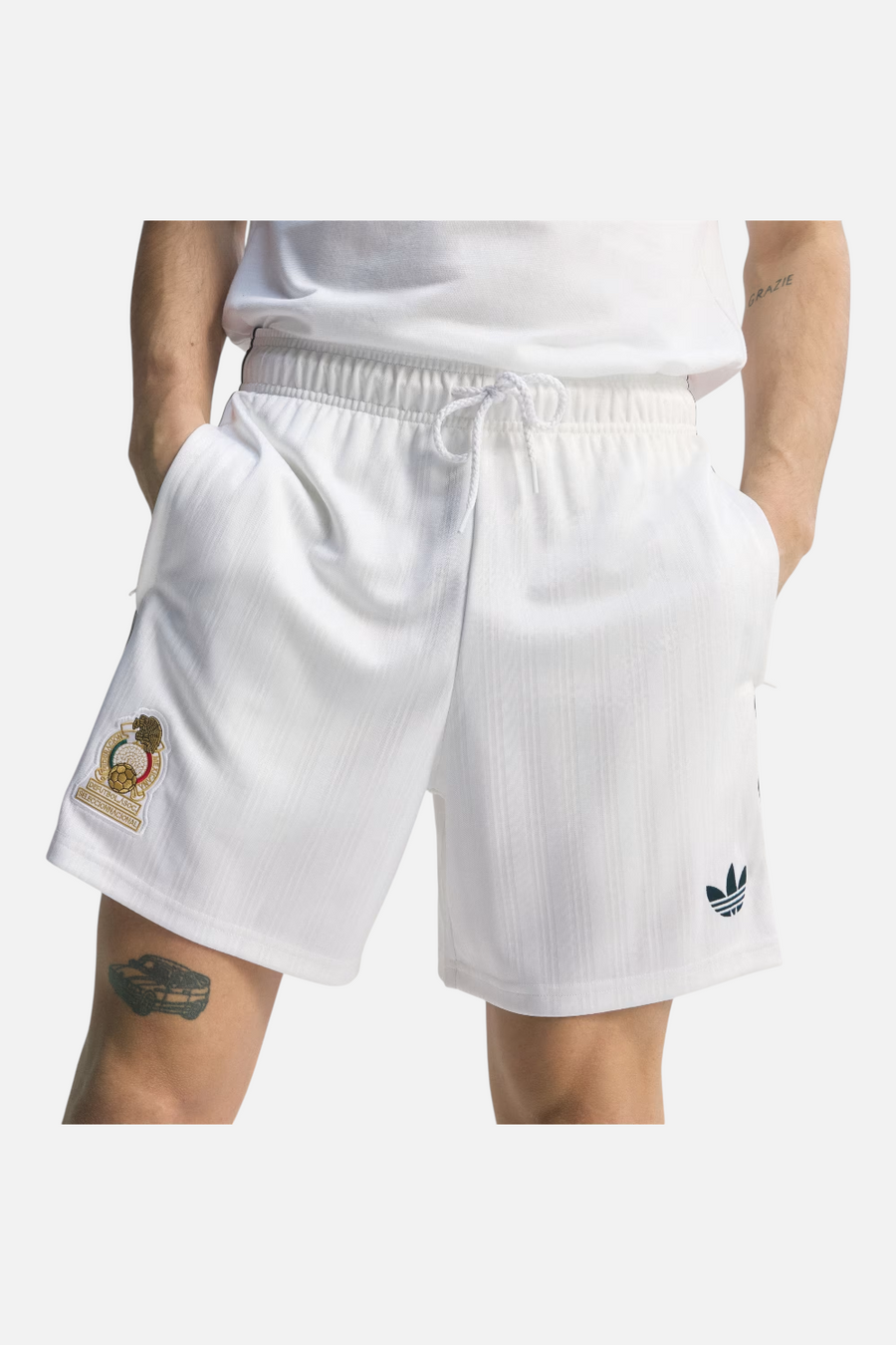Adidas Mexico Originals Shorts in White worn by model — front, Mexico, FIFA World Cup 26 collection at CHROME