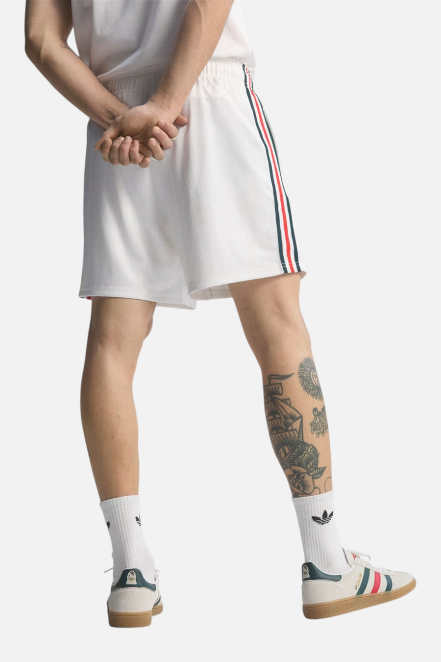 Adidas Mexico Originals Shorts in White styled with green track jacket — full body
