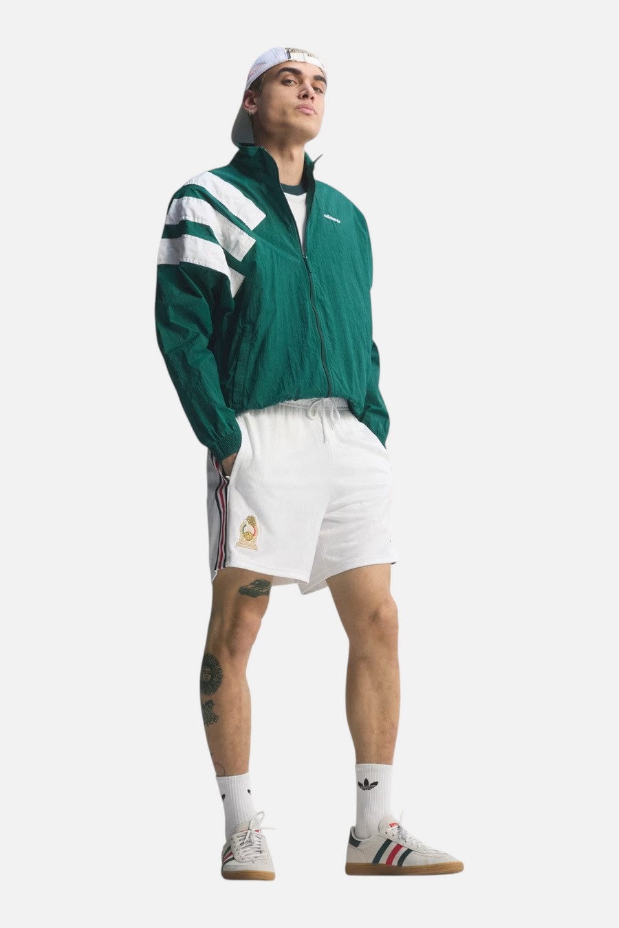 Adidas Mexico Originals Shorts in White worn by model — front with side stripe