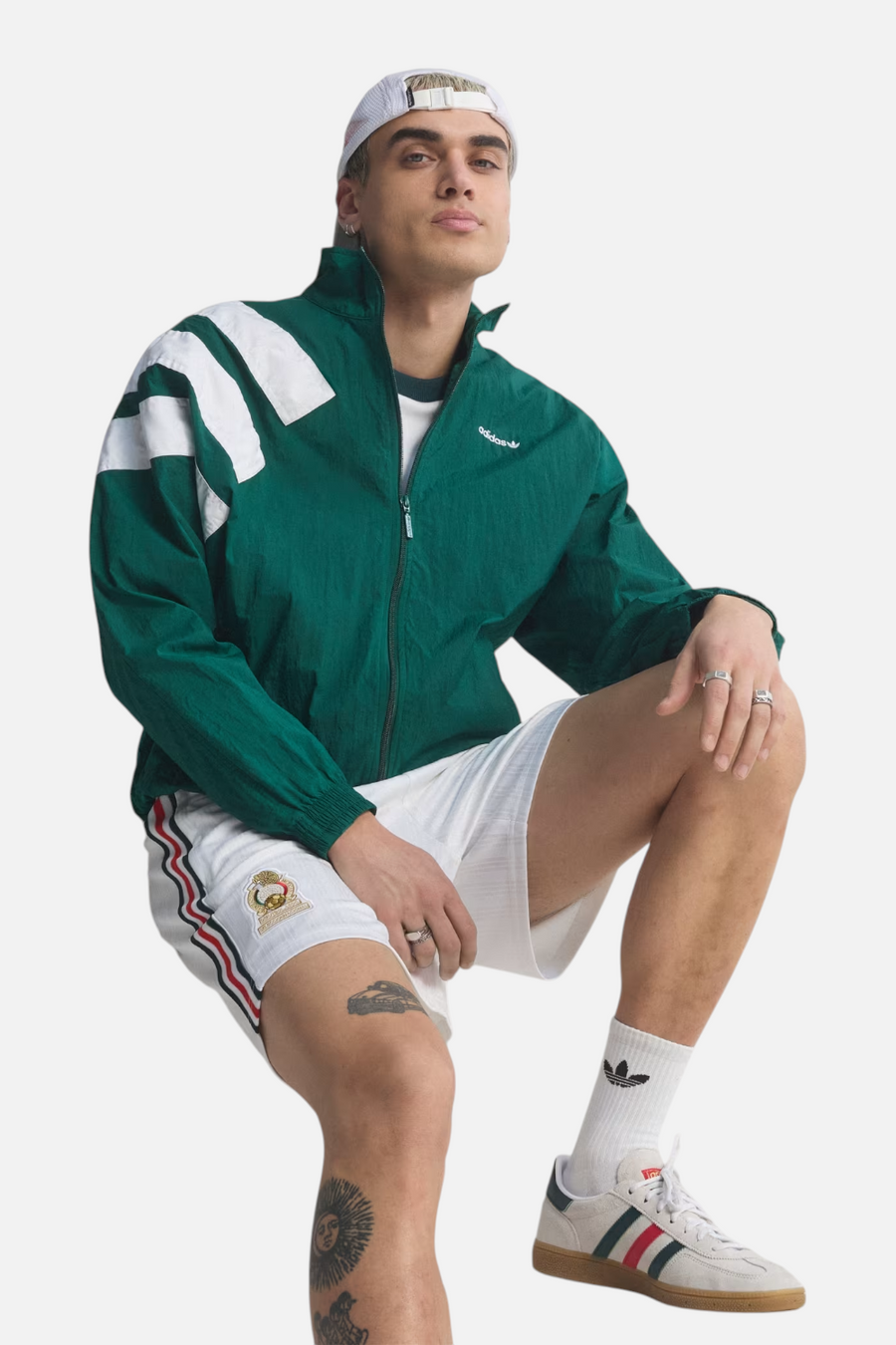 Adidas Mexico Originals Shorts in White worn by model — seated lifestyle