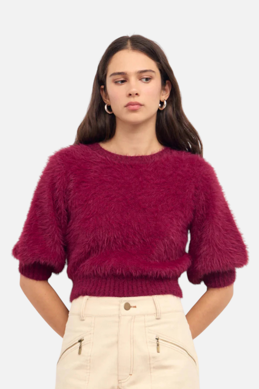 Minkpink Women's Alva Fluffy Cropped Knit Sweater in Wine