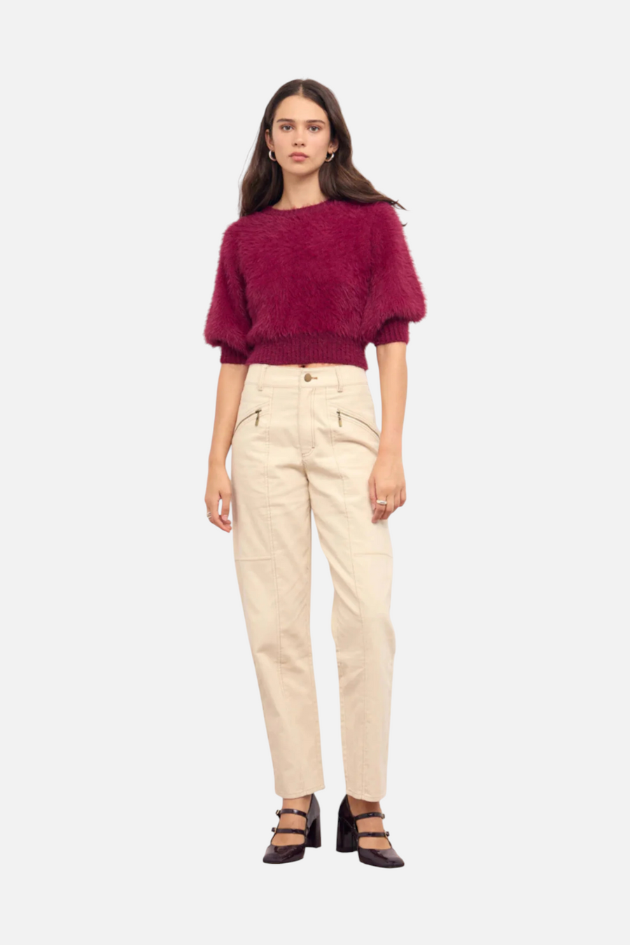 Minkpink Women's Alva Fluffy Cropped Knit Sweater in Wine