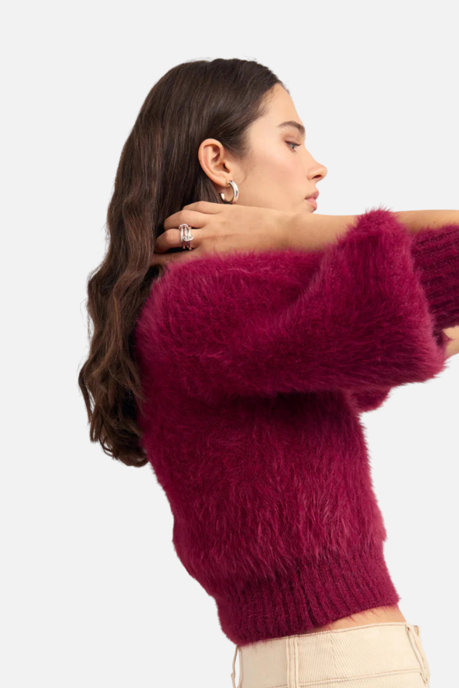 Minkpink Women's Alva Fluffy Cropped Knit Sweater in Wine