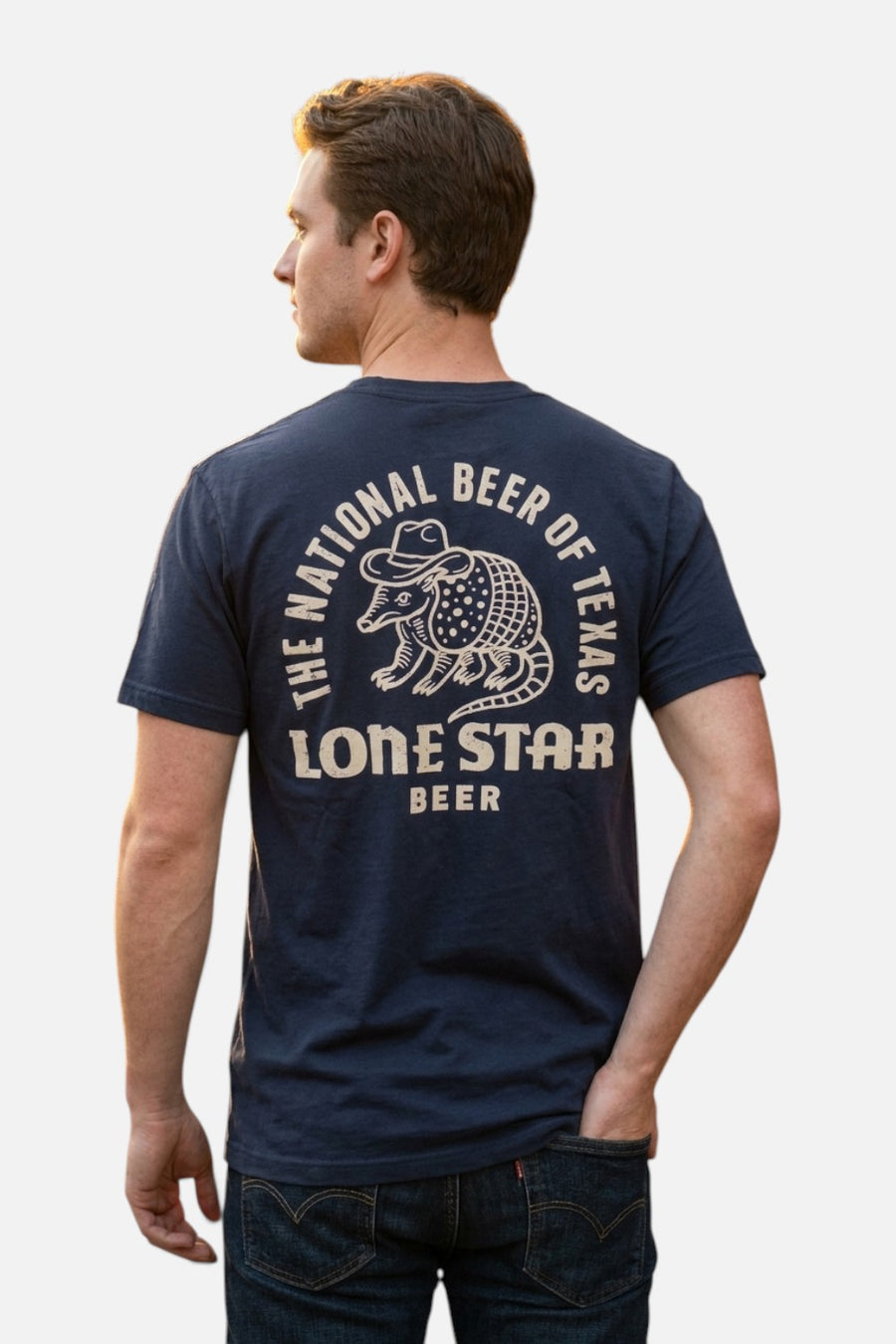 American Needle Lone Star Armadillo tee in navy with cream Lone Star Beer back print