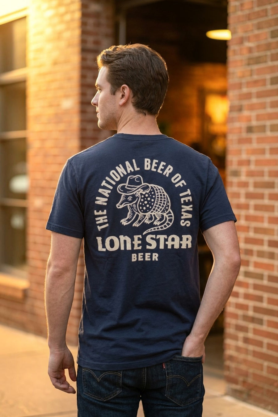 American Needle Lone Star Armadillo tee in navy with cream Lone Star Beer back print, alternate view 2