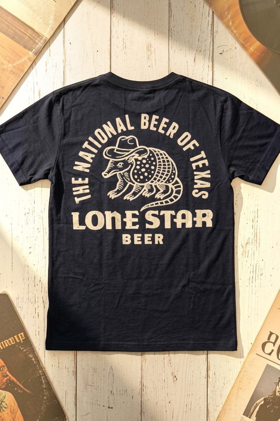 American Needle Lone Star Armadillo tee in navy with cream Lone Star Beer back print, alternate view 3