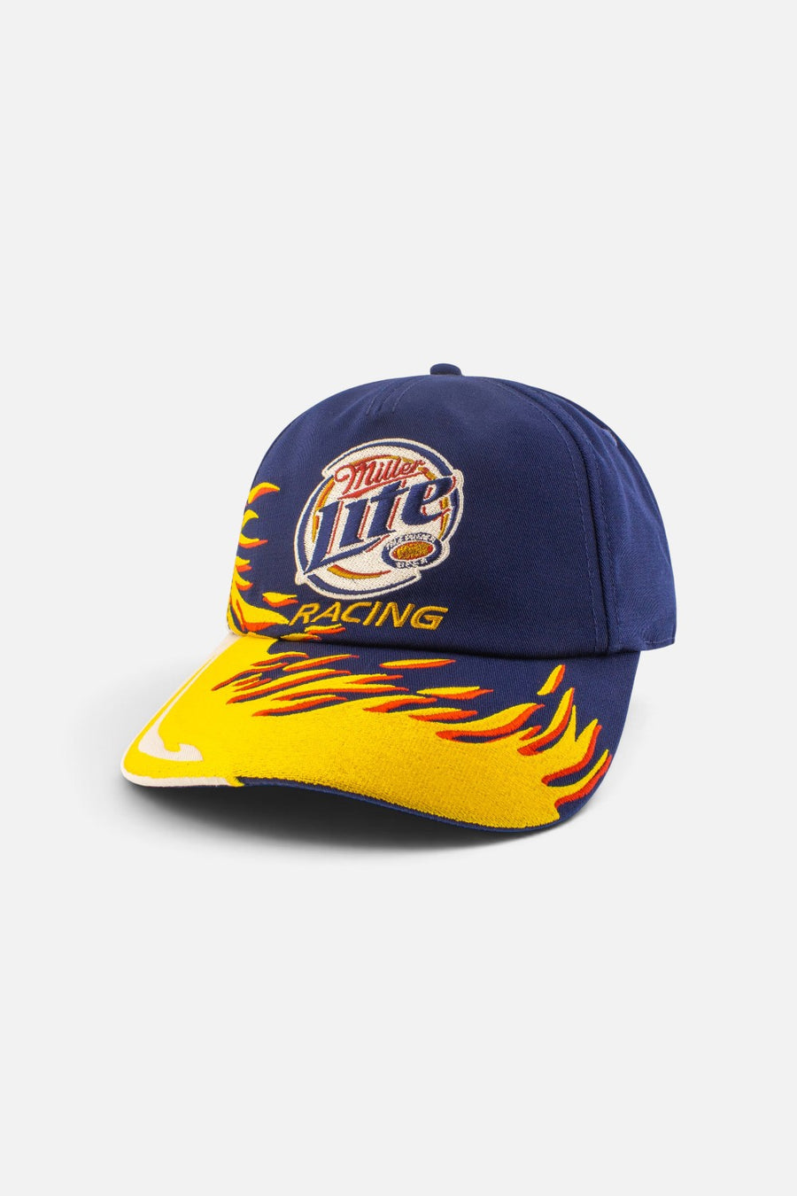 American Needle Roscoe racing snapback cap in navy and yellow Flame colorway, front view.