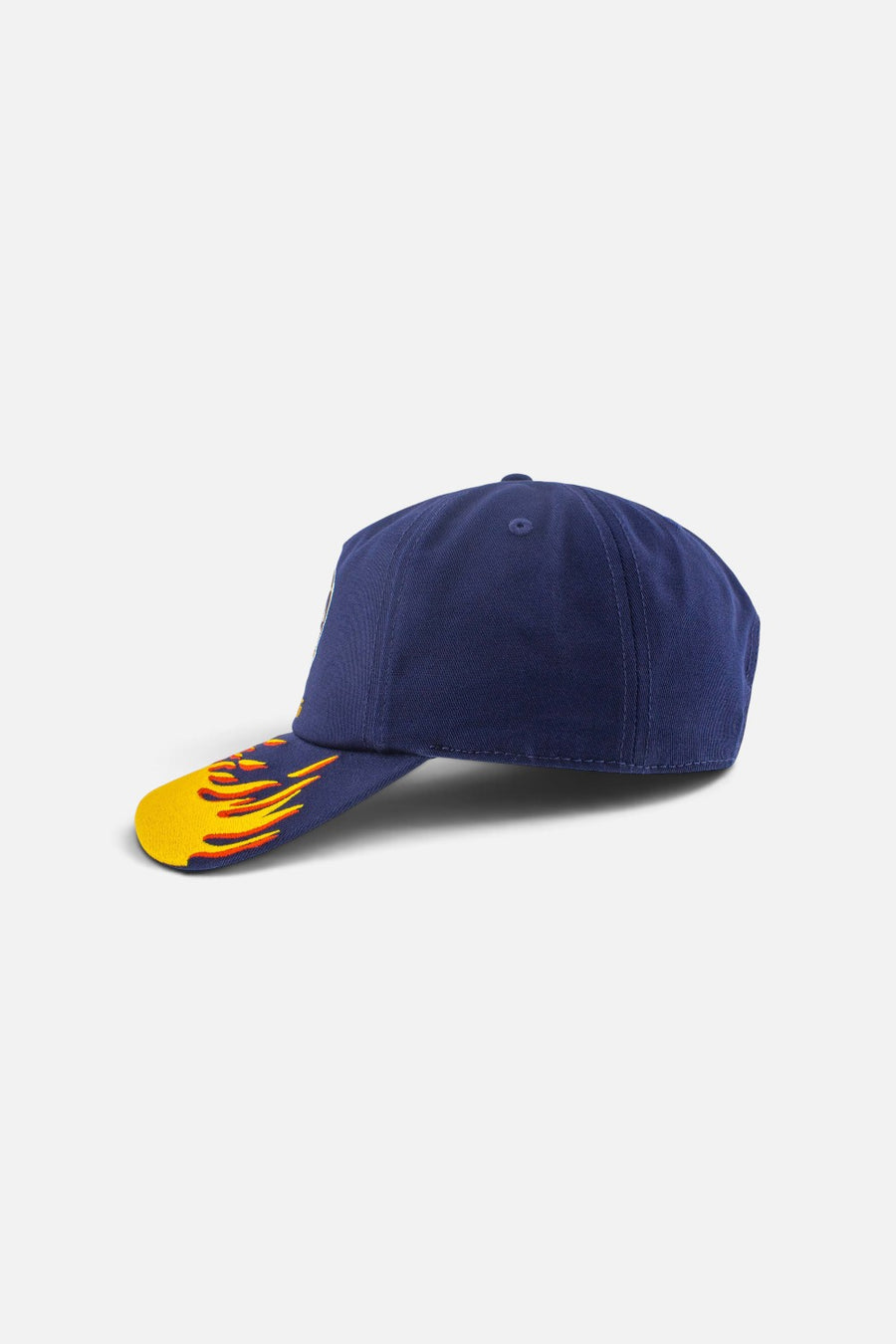 American Needle Roscoe racing snapback cap in navy and yellow Flame colorway, back view.