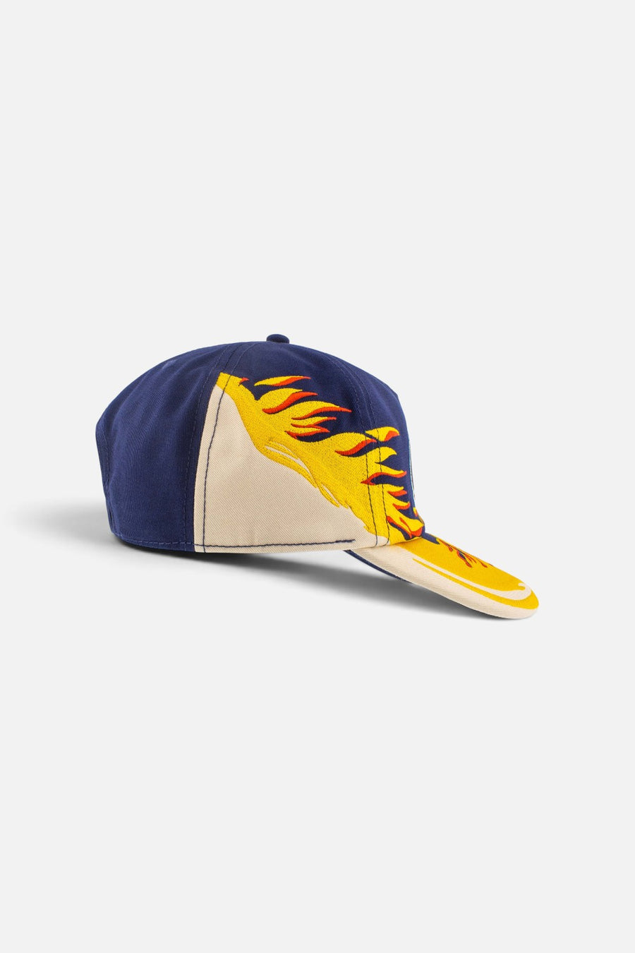 American Needle Roscoe racing snapback cap in navy and yellow Flame colorway, detail view.