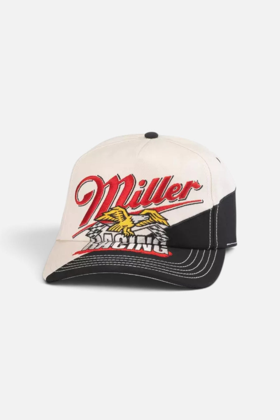American Needle Miller Lite Roscoe racing snapback cap in white, front view.