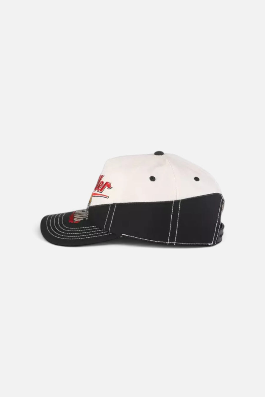 American Needle Miller Lite Roscoe racing snapback cap in white, side view.