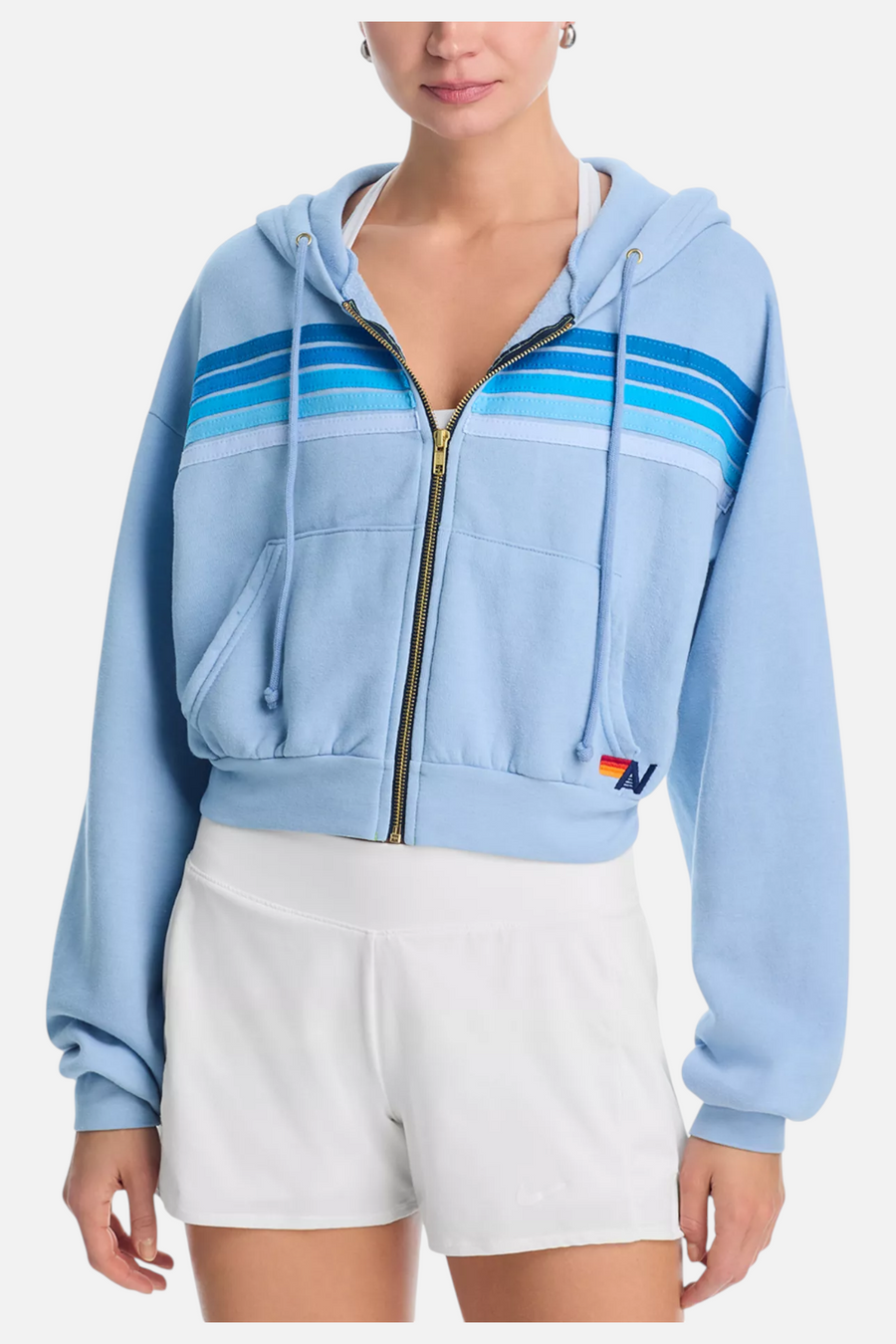 Aviator Nation 5 Stripe Crop Zip Hoodie in Ice