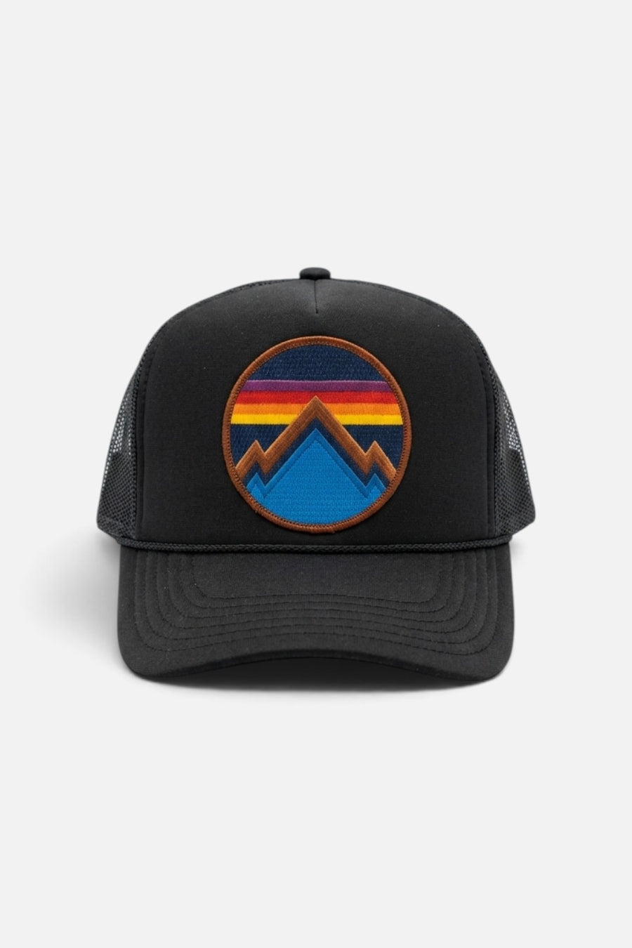 Aviator Nation All Seasons Circle trucker hat in black with mesh back and circle logo patch, front view.