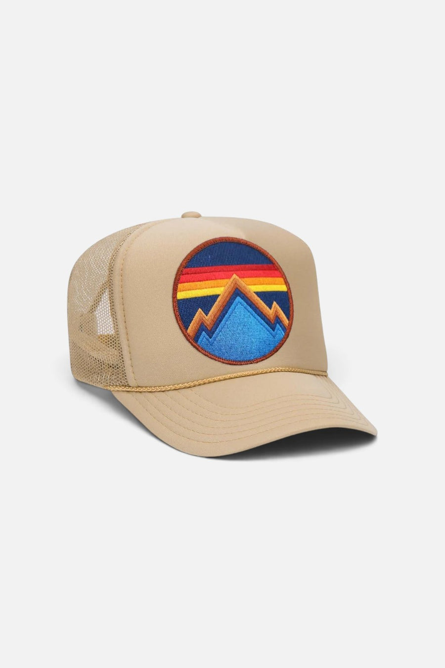 Aviator Nation All Seasons Circle trucker hat in khaki with mesh back and circle logo patch, front view.