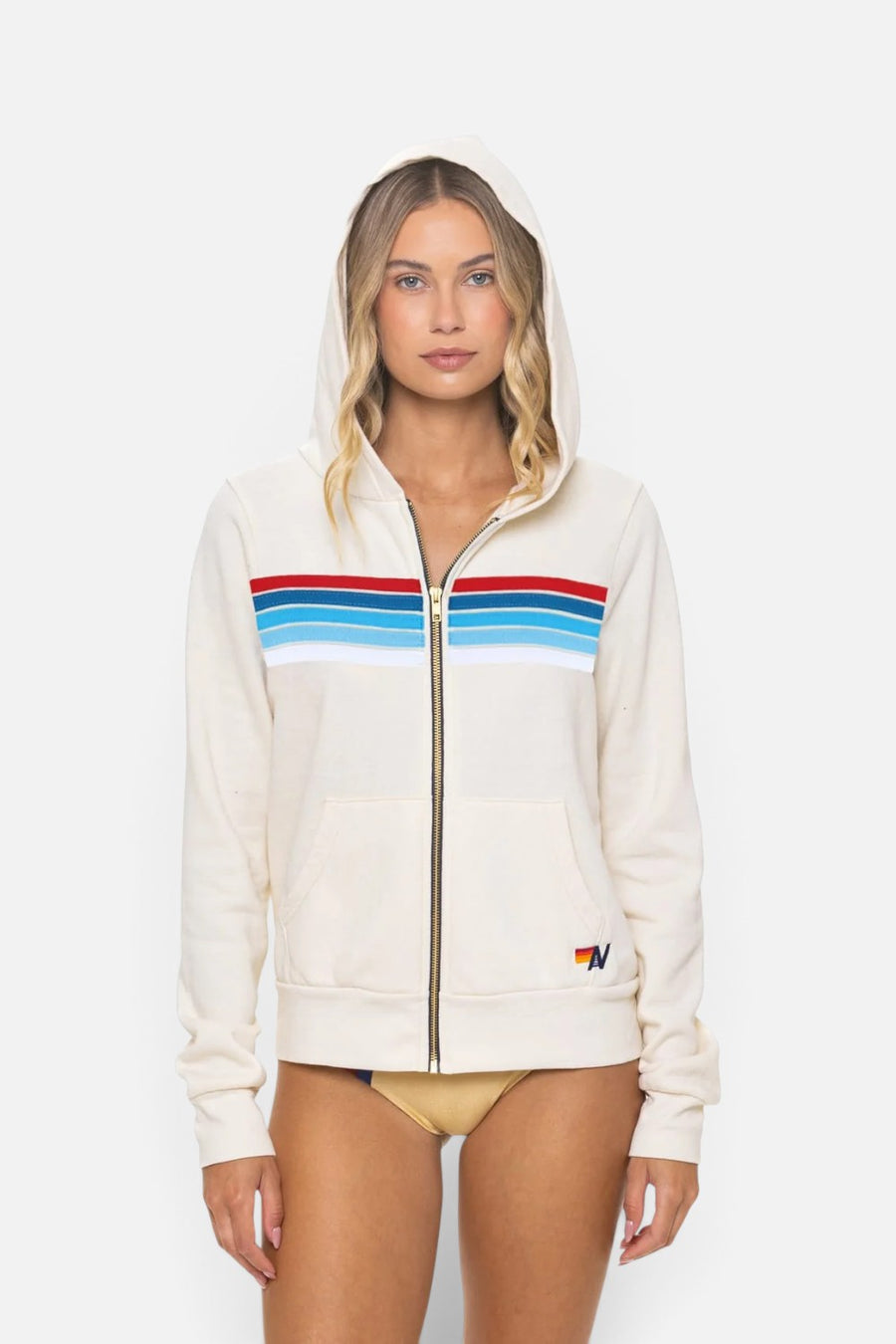 Aviator Nation Five Stripe America zip hoodie in vintage white with red, white and blue stripes.