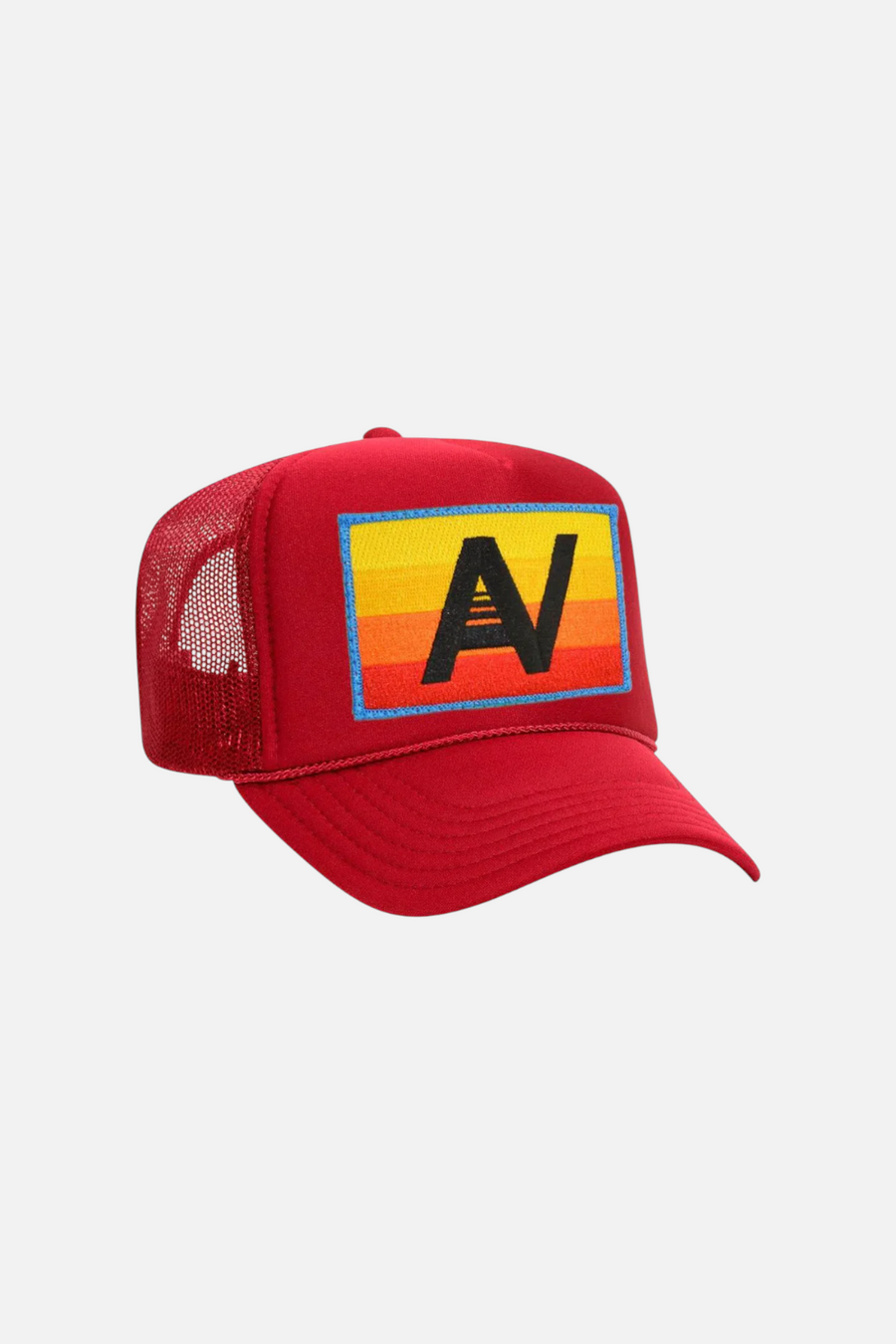 Aviator Nation Logo Rainbow Low Rise Trucker Hat in Red & White
