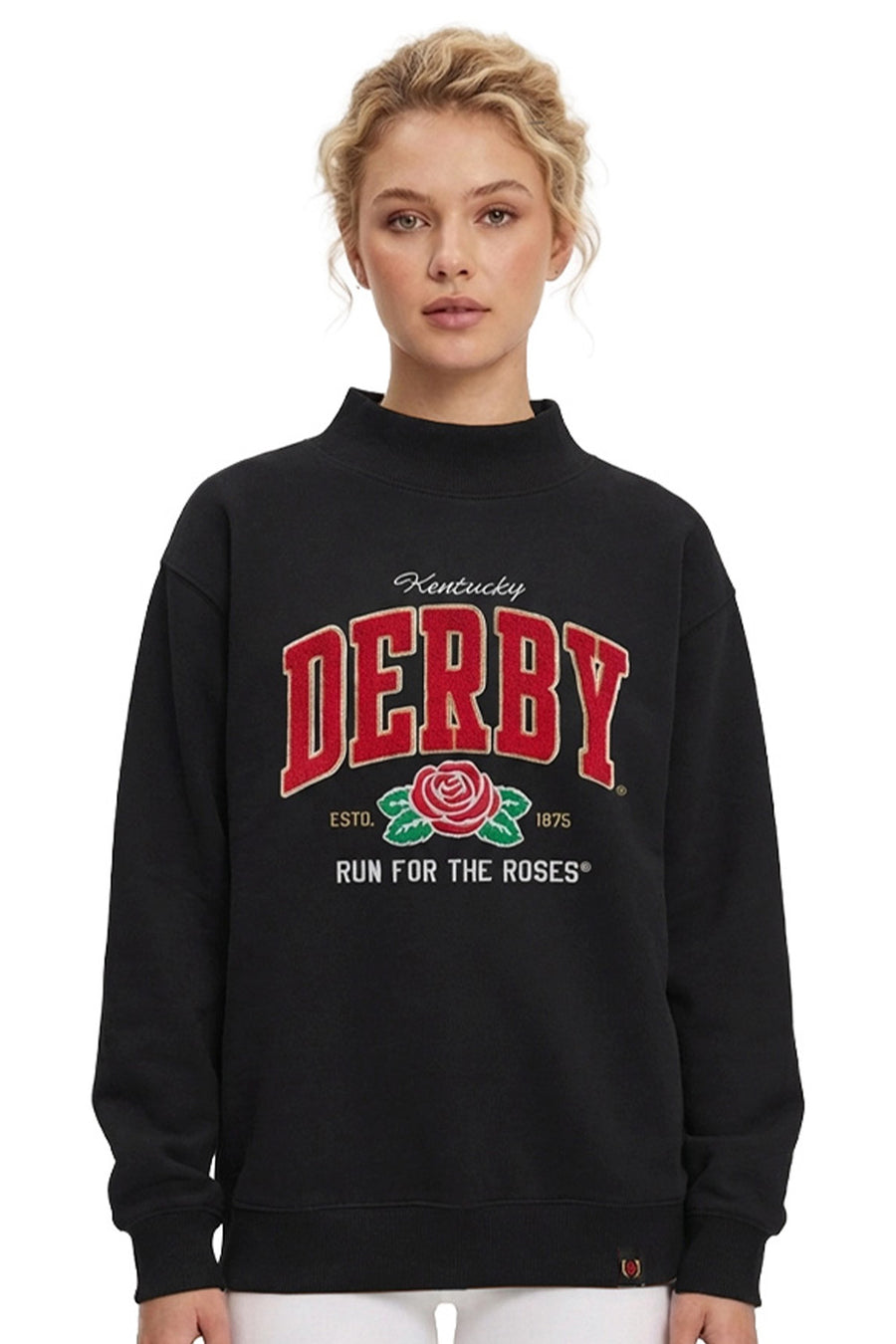 Kentucky Derby 152 Black Chenille Rose Mock Neck