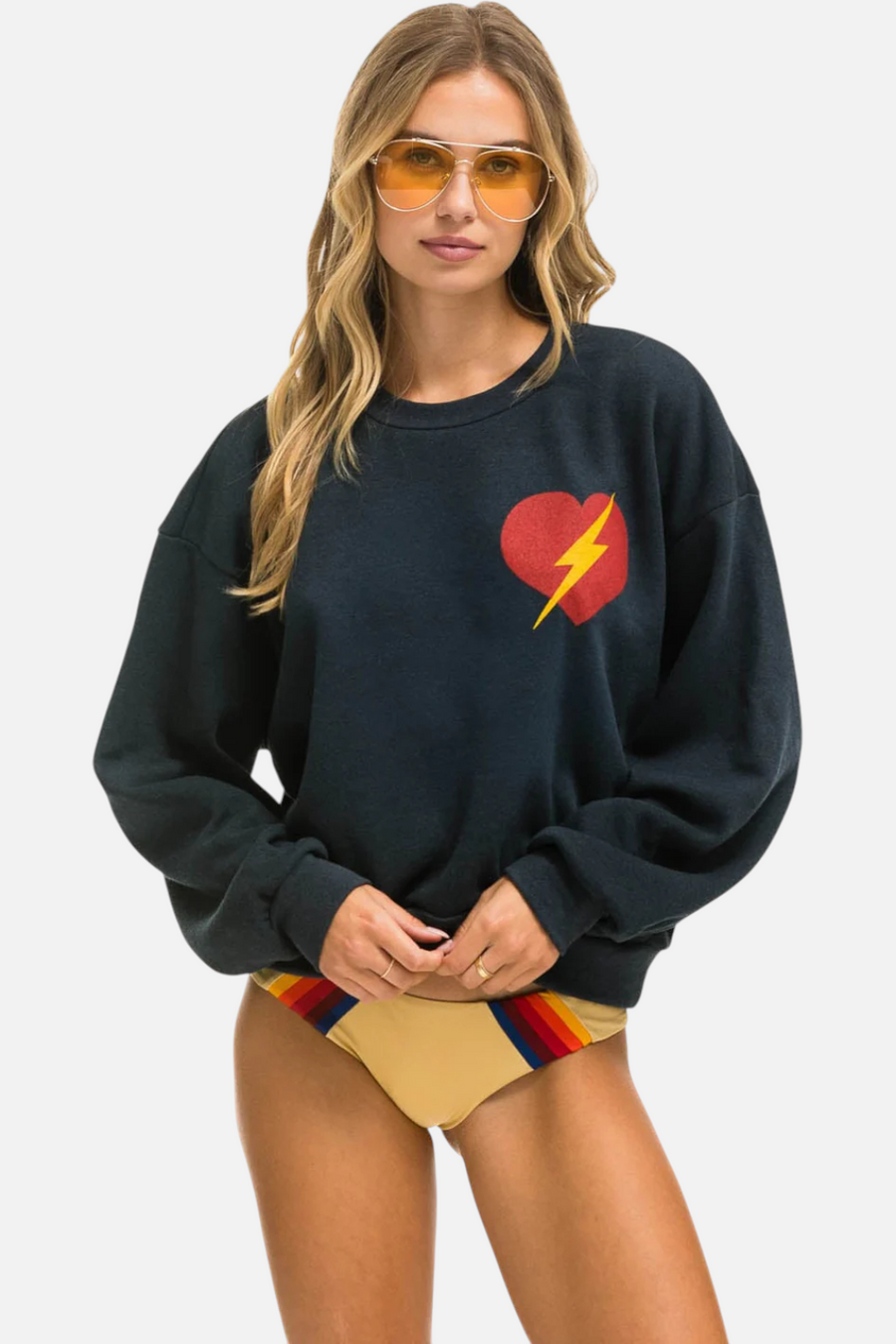 Aviator Nation Bolt Heart Relaxed Crewneck in Charcoal