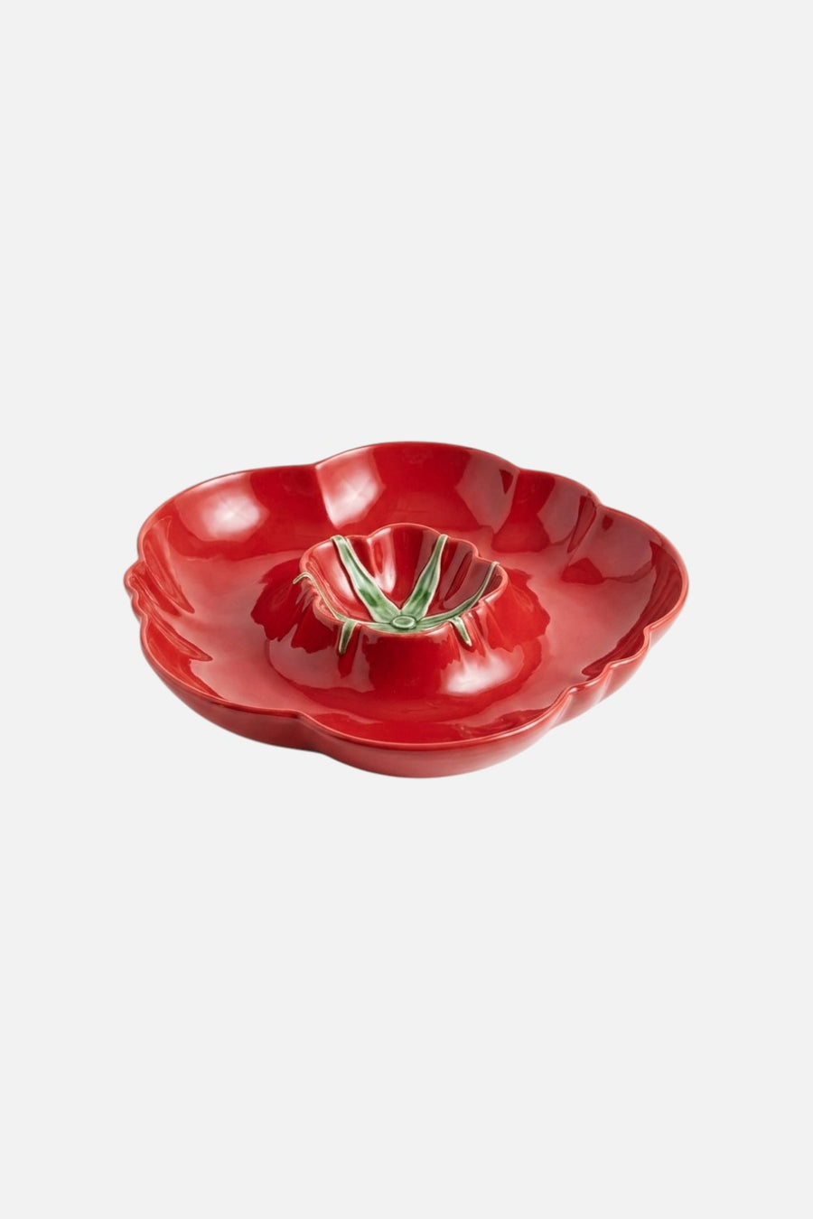 Bordallo Pinheiro Tomato Appetizer Plate in red hand-painted earthenware, overhead view.