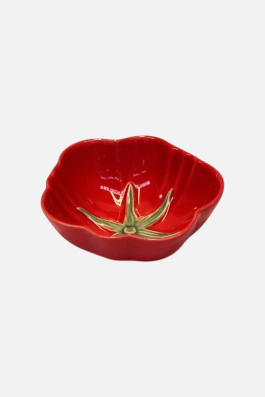 Bordallo Pinheiro Tomato Small Bowl in red hand-painted earthenware, angled view.
