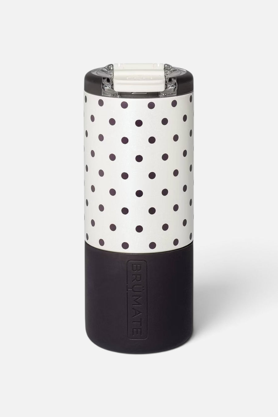 Brumate Strova 18 oz tumbler in Polka Pearl with a flip-top BevLock lid.