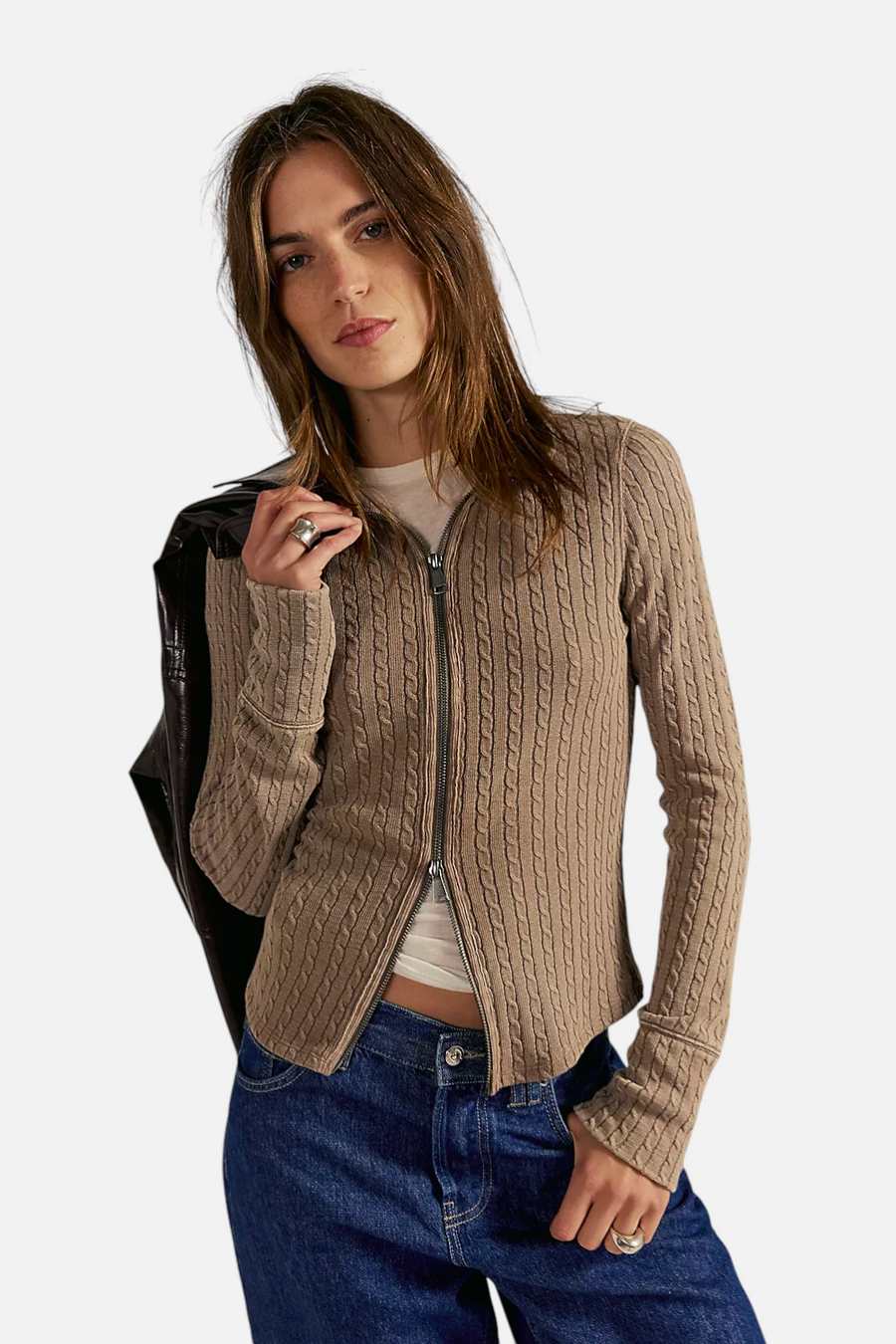 Free People Women's Brunch Girl Zip Up in Dusted Coco