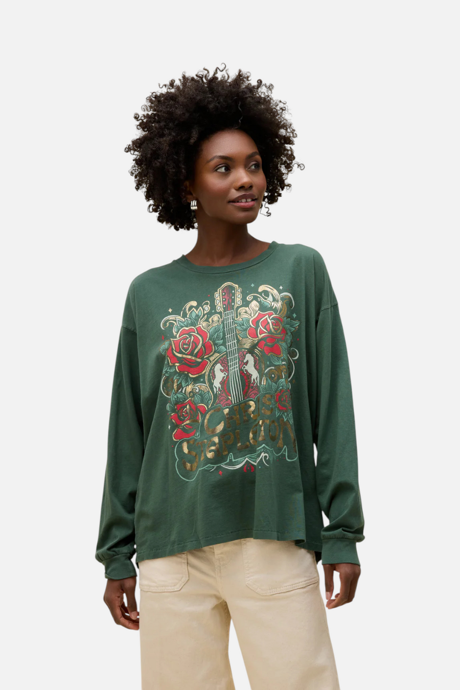 Daydreamer LA Chris Stapleton Guitar & Roses Merch Long Sleeve in Deep Green