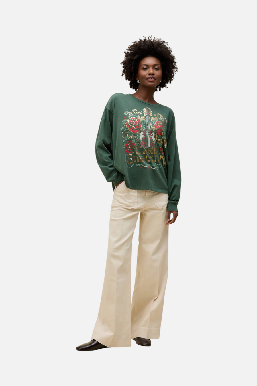 Daydreamer LA Chris Stapleton Guitar & Roses Merch Long Sleeve in Deep Green