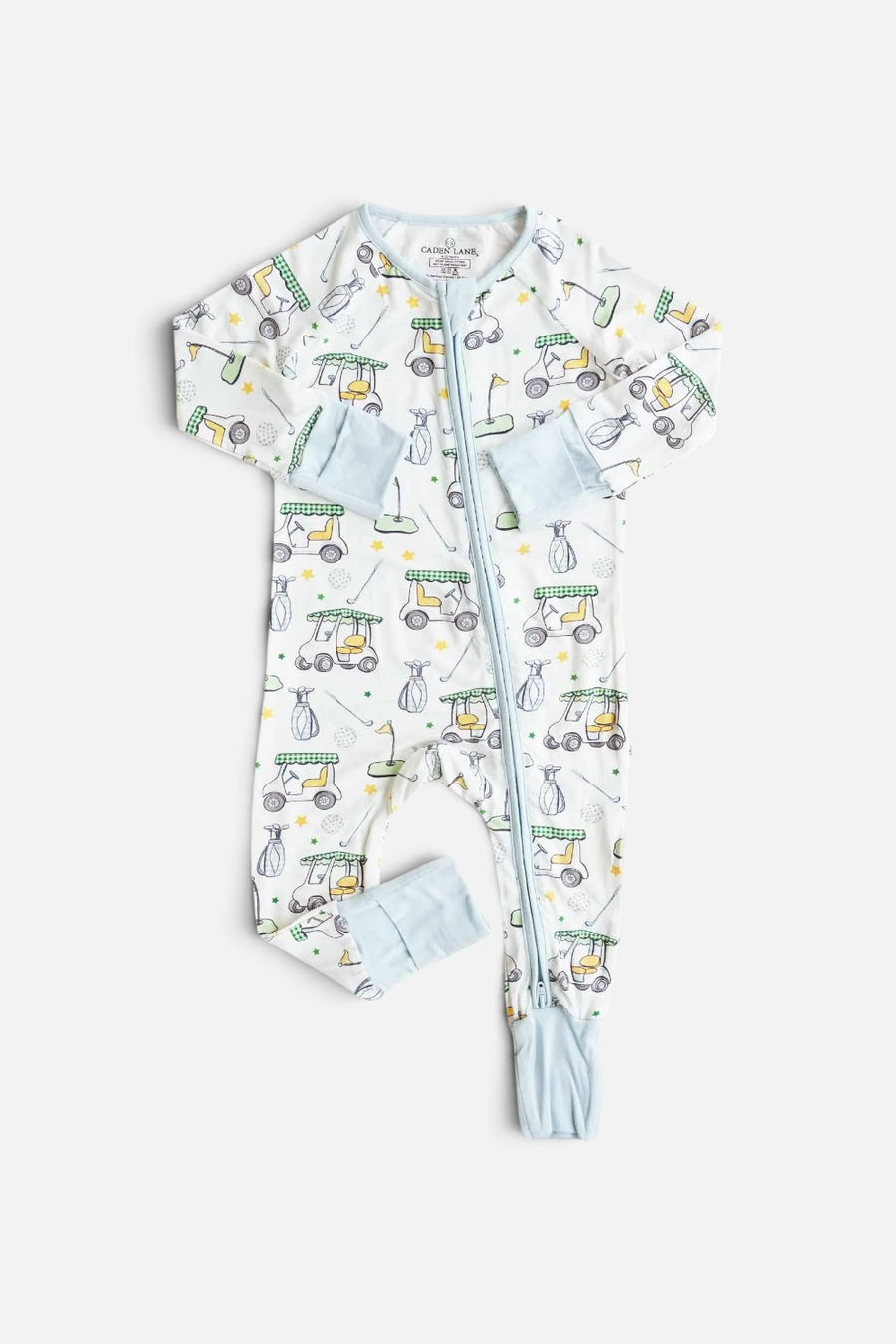 Caden Lane Country Club Cuties convertible bamboo zip romper in a golf print, front view.