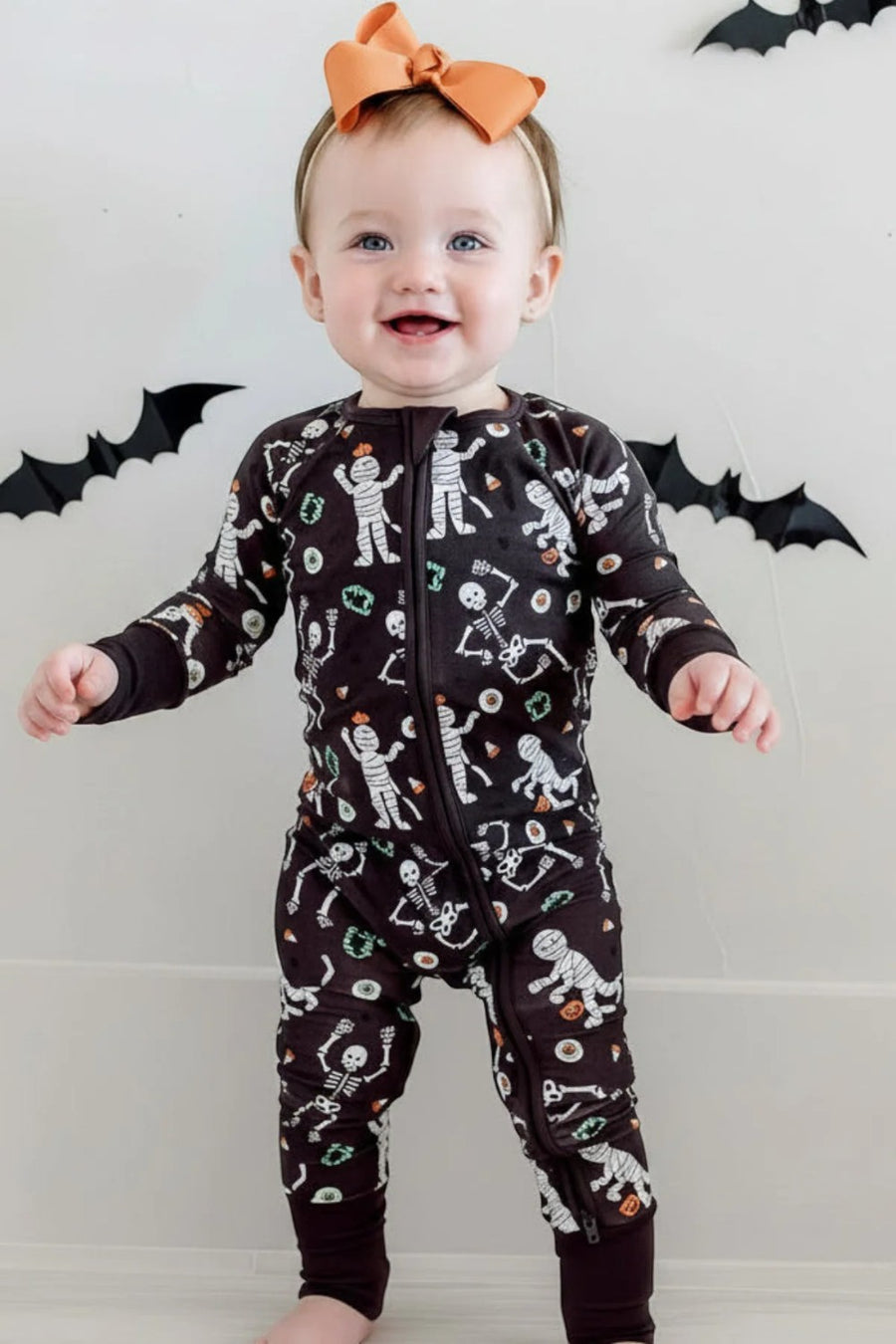 Caden Lane Halloween Glow-in-the-Dark Convertible Bamboo Zip Romper in Eye Want Candy