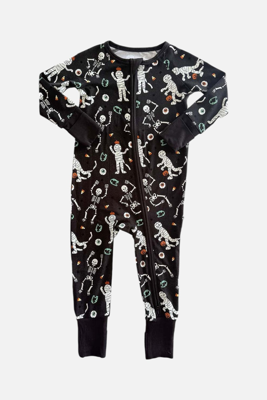 Caden Lane Eye Want Candy glow-in-the-dark bamboo zip romper, front view.
