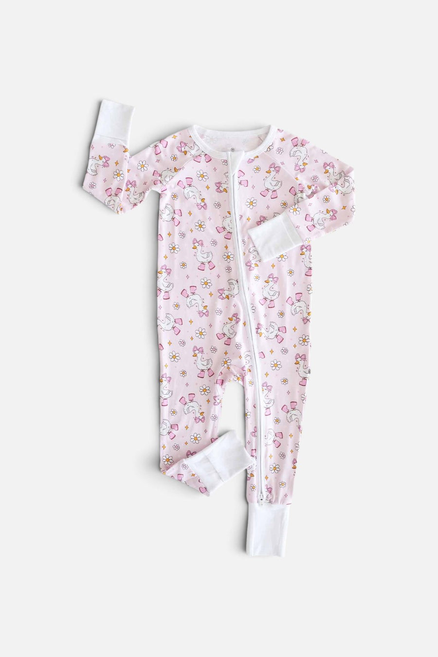 Caden Lane Silly Goose convertible zip romper in pink goose print, front view.