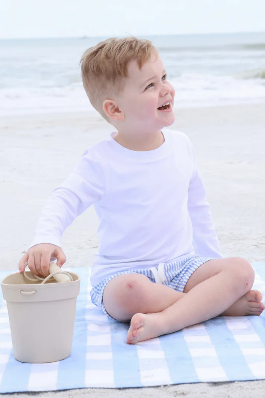 Caden Lane Swim Trunks in Blue Seersucker