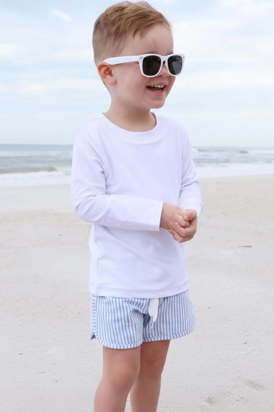 Caden Lane Swim Trunks in Blue Seersucker