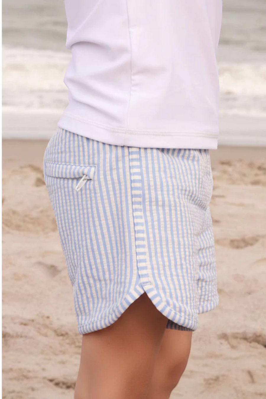 Caden Lane Swim Trunks in Blue Seersucker