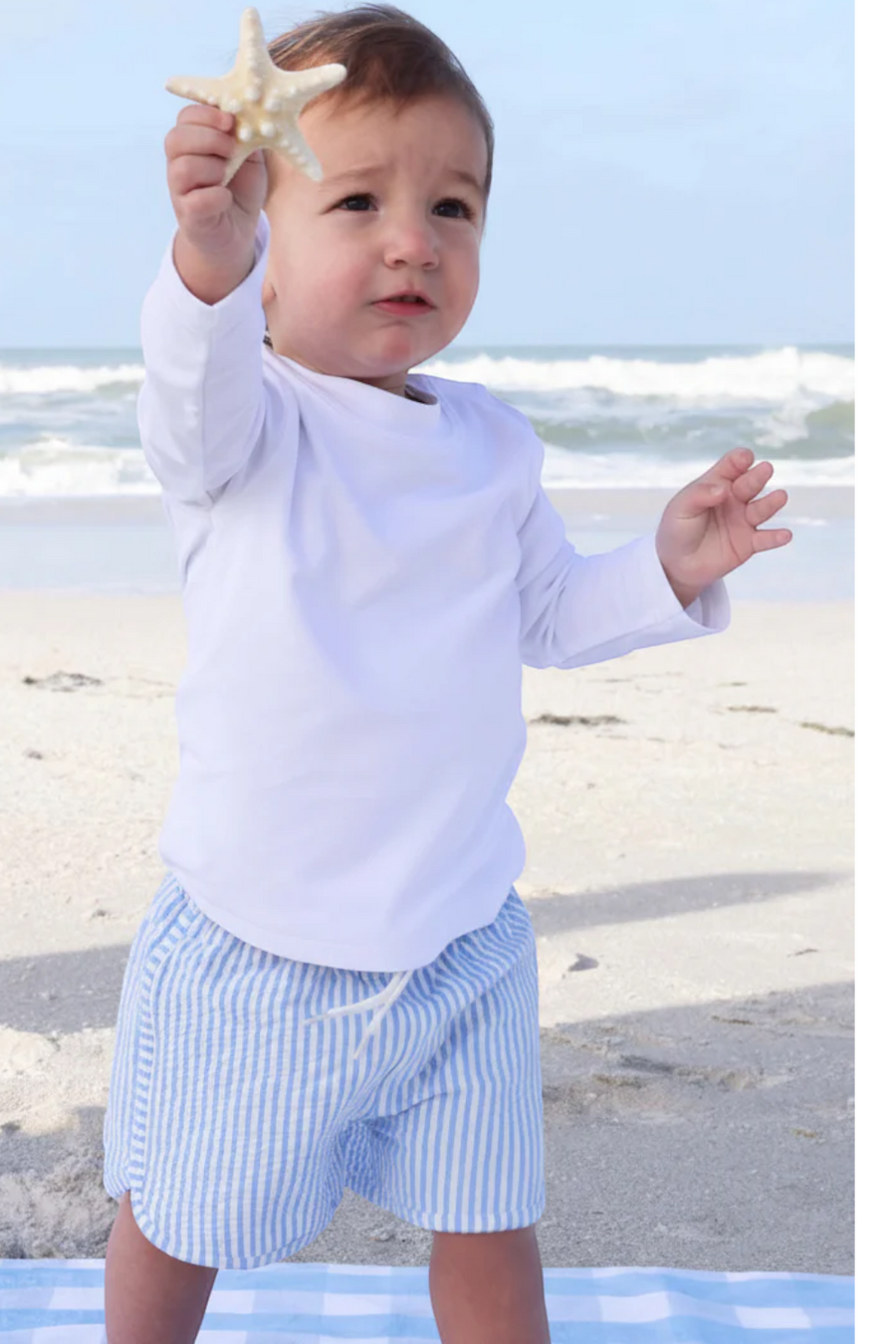 Caden Lane Swim Trunks in Blue Seersucker