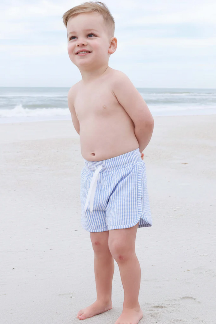 Caden Lane Swim Trunks in Blue Seersucker