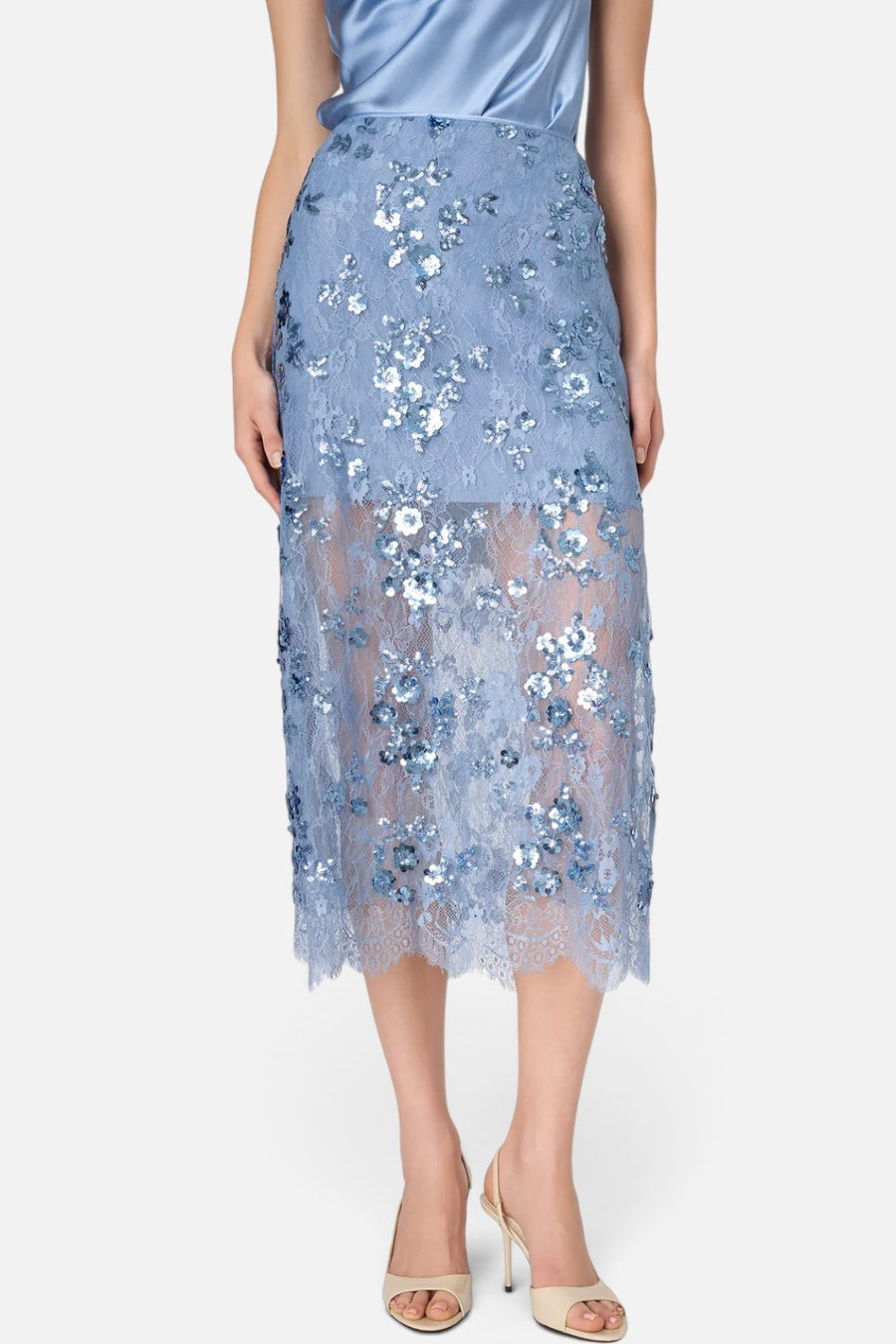 Cami NYC Aylin sequin lace midi skirt in mist blue with a side slit, on model.