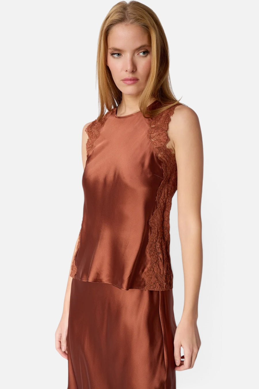 Cami NYC Milla bias-cut silk camisole in affogato brown with sheer lace side panels, on model.