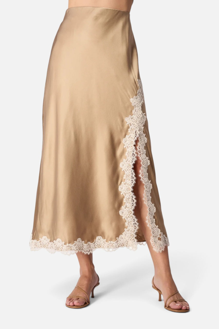 Cami NYC Teagan bias-cut silk midi skirt in birch with corded lace trim, on model.